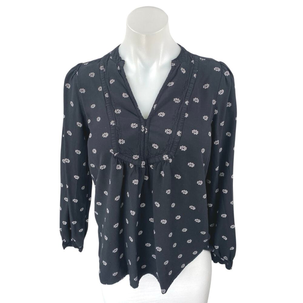 Ann Taylor LOFT Black Floral Long Puff Sleeve V-Neck Blouse Shirt Top Size XS